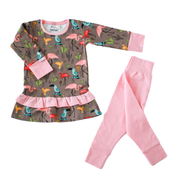Roosa/pruun beebi satsituunika ja beebi pükste komplekt Flamingo